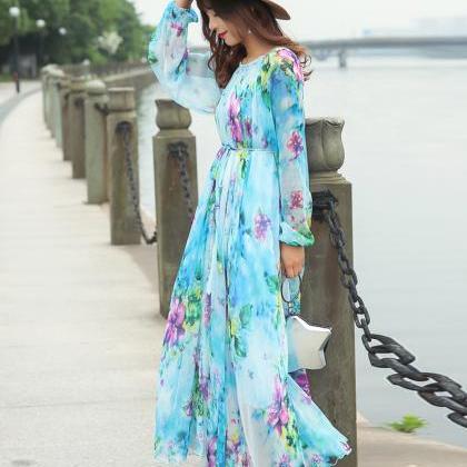 2019 Chiffon Long Sleeve Maxi Dress Bohemia Dress..