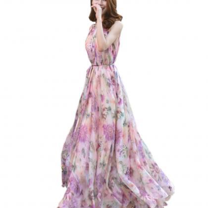 2019 Pink Floral Long Chiffon Maxi Dress Gown Plus..