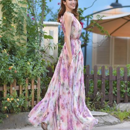 2019 Pink Floral Long Chiffon Maxi Dress Gown Plus..