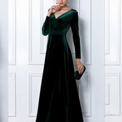 Emerald Green Velvet Dress Long Par..
