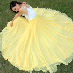Yellow Long Chiffon Skirt Maxi Skirt Ladies Silk..