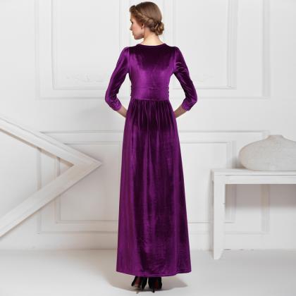 Purple 3/4 Sleeved Formal Evening Party Long..