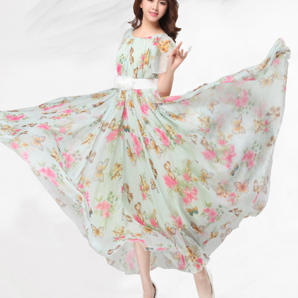 Chiffon Butterfly Sleeves Bridesmaid Holiday Beach Floral Maxi Dress ...