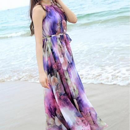 Purple Floral Long Beach Maxi Dress Lightweight..