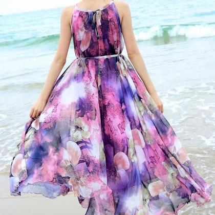 Purple Floral Long Beach Maxi Dress Lightweight..