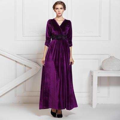 Purple 3/4 Sleeved Formal Evening Party Long Velvet Maxi Dress Gowns Bridesmaid Dresses