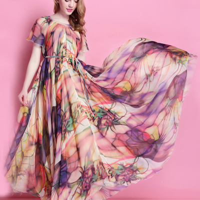 2015 Summer Chiffon Floral Long Beach Maxi Dress Lightweight Sundress Plus Size Bridesmaid Dress Holiday Beach Dress Long Prom Dress