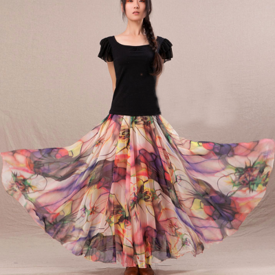Chiffon Floral Print Lightweight Boho Summer Beach Long Maxi Skirt Bridesmaid Dress