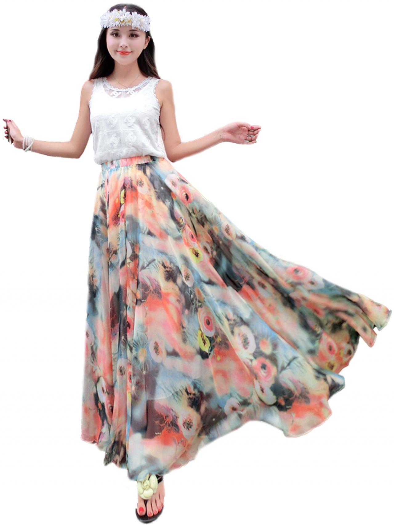 Summer Chiffon Floral Lightweight Boho Summer Beach Long Maxi Skirt Bridesmaid Dress