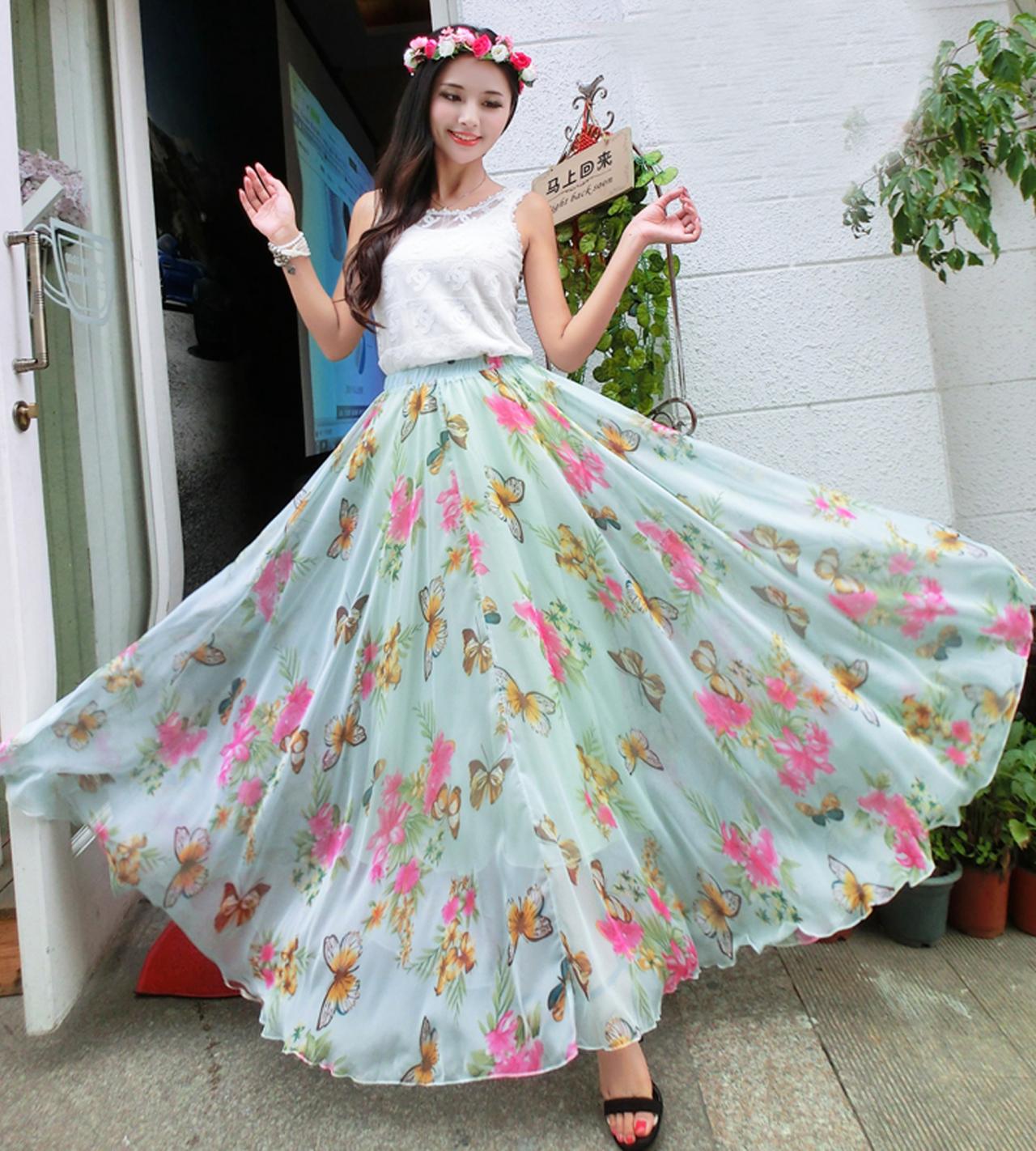 Floral Beach Weding Dancing Maxi Causal Day Shopping Long Chiffon Sundress Skirts