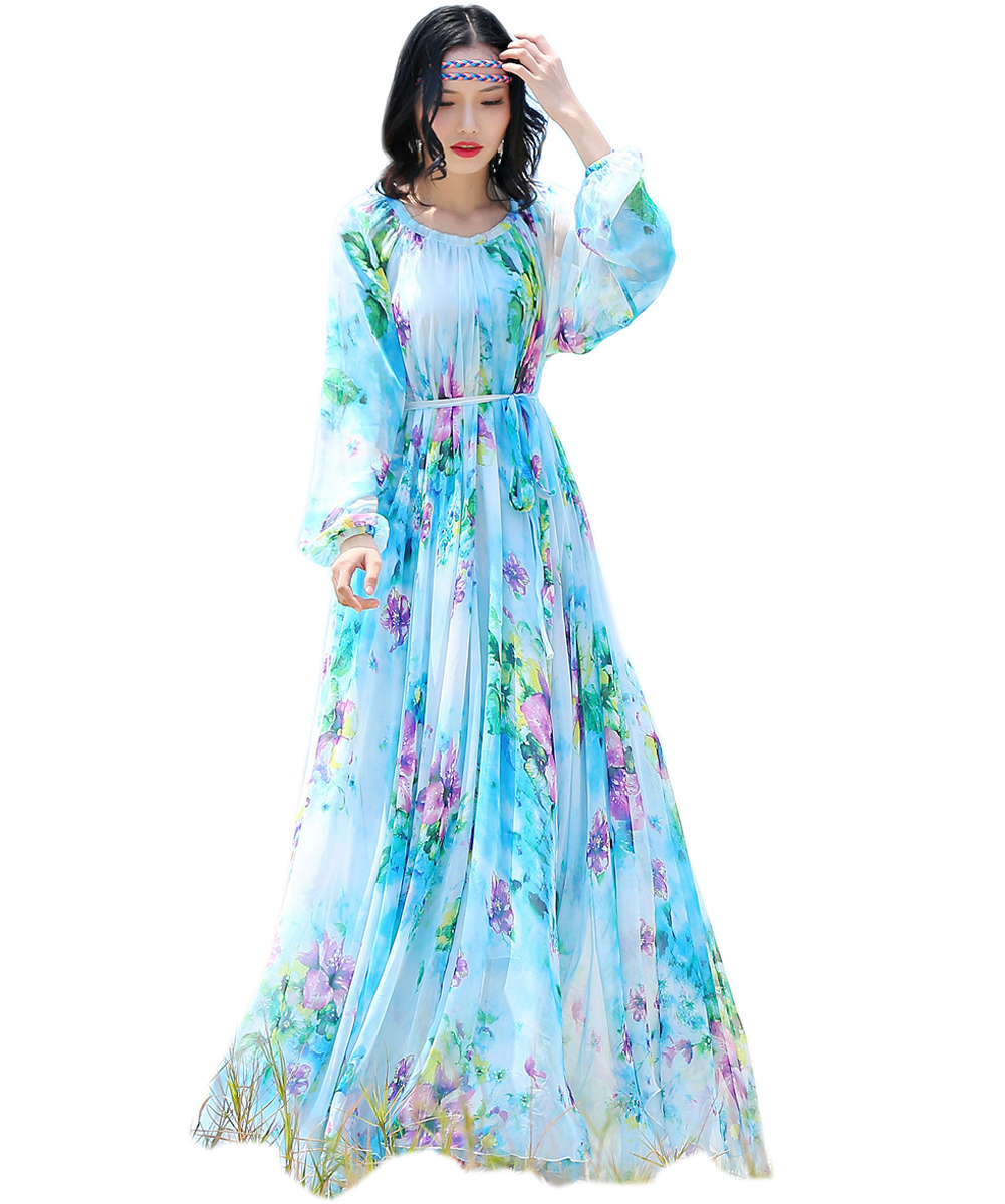 2019 Chiffon Long Sleeve Maxi Dress Bohemia Dress Full Plus Size Celebrity/graduation/dinner Dress Beach Sundress