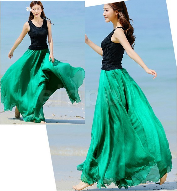 Emerald Green Long Chiffon Skirt Maxi Skirt Ladies Silk Chiffon Dress Plus Sizes Sundress Beach 2093