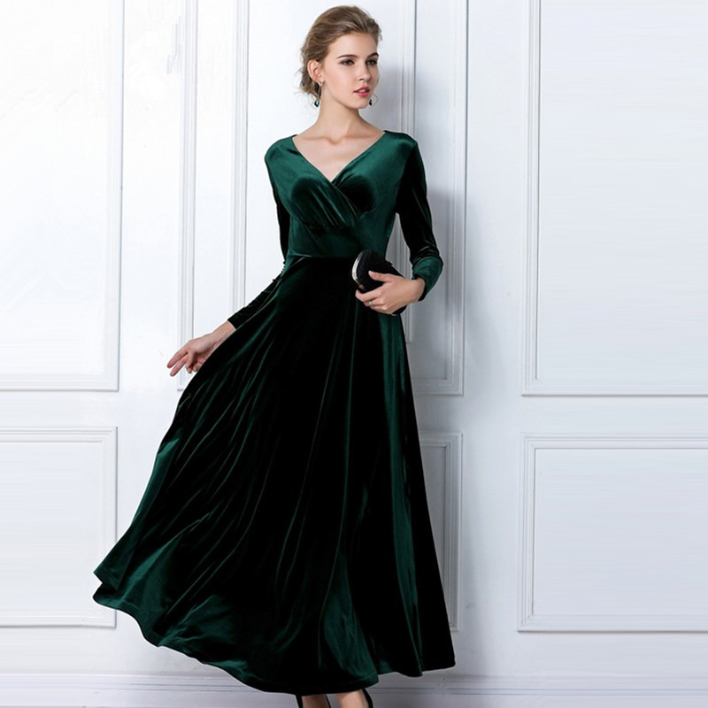 Emerald Green Velvet Dress Long Party Formal Evening Maxi Dress Cocktail  Gown Long Sleeved Maternity on Luulla