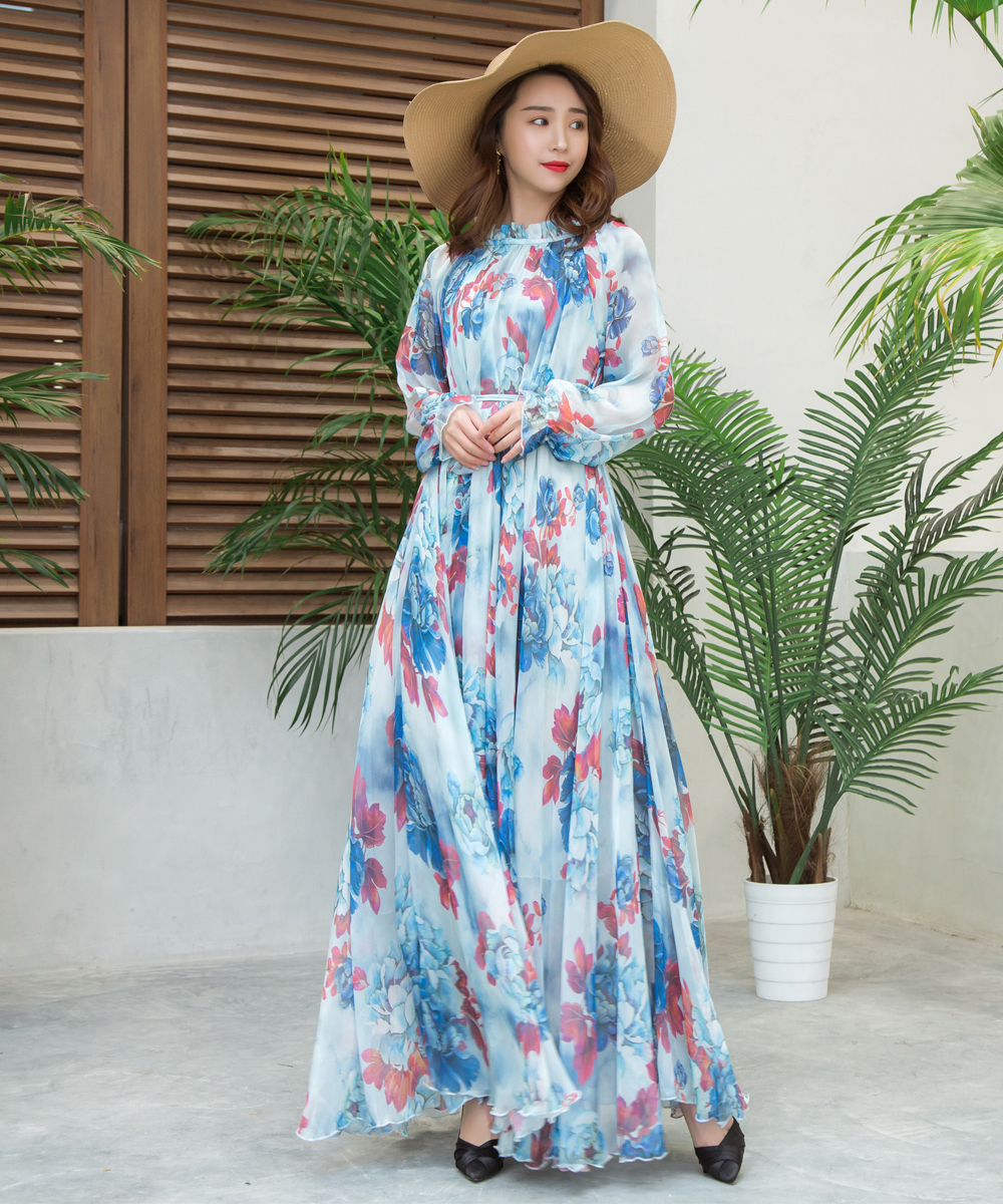 Women's Long Sleeve Floral Holiday Beach Bridesmaid Maxi Dress Flowy ...