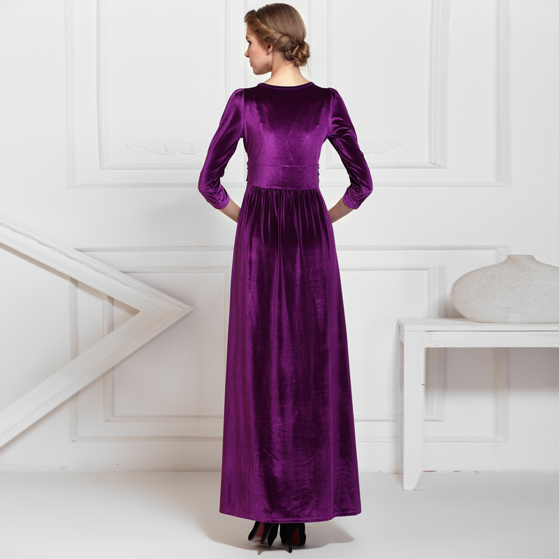 Purple 3/4 Sleeved Formal Evening Party Long Velvet Maxi Dress Gowns ...