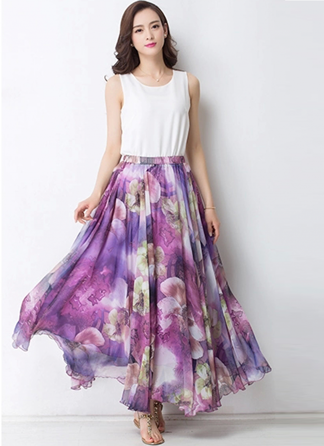 Summer Chiffon Floral Lightweight Boho Summer Beach Maxi Skirt Bridesmaid Dress