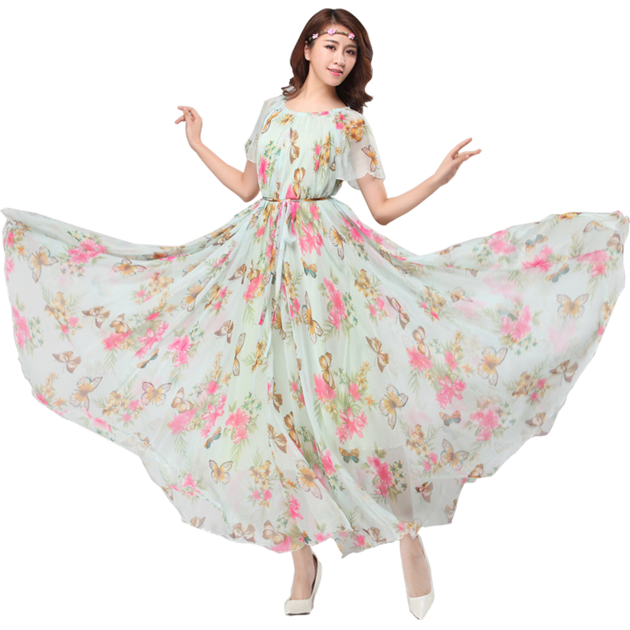 Chiffon Butterfly Sleeves Bridesmaid Holiday Beach Floral Maxi Dress Plus Size Sundress