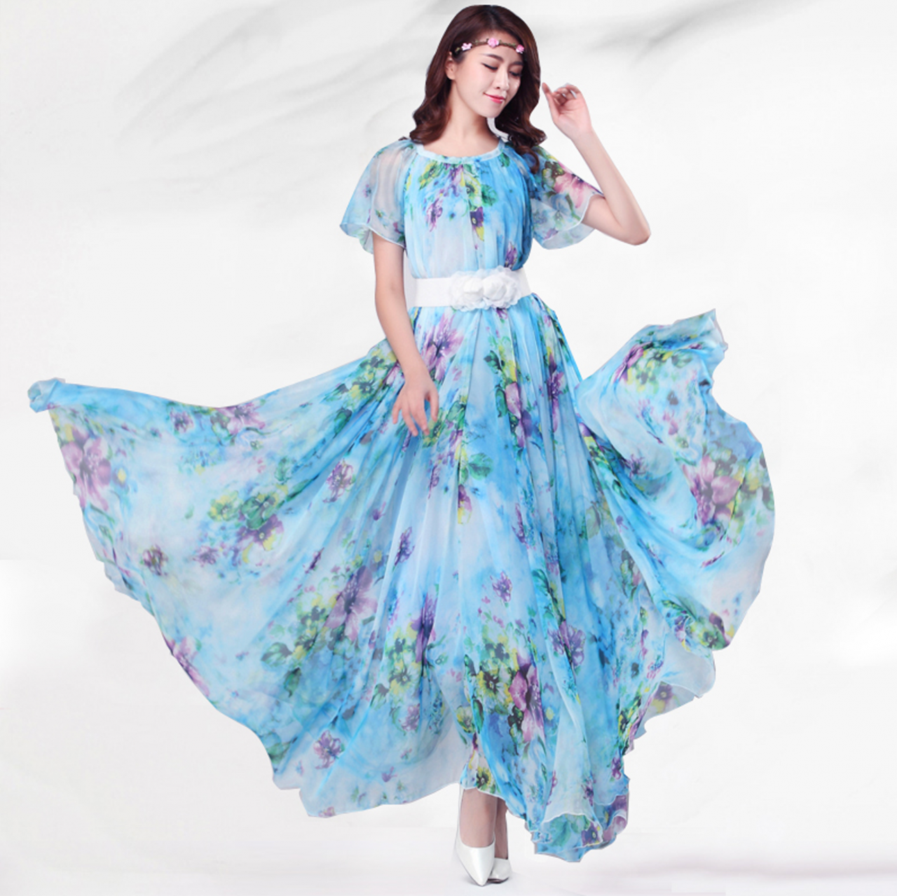 Chiffon Floral Printed Bridesmaid Holiday Beach Lightweight Maxi Dress Plus Size Sundress