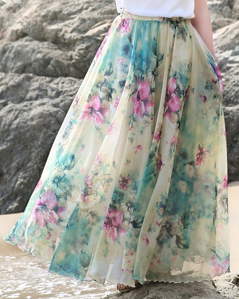 Summer Chiffon Floral Print Lightweight Boho Summer Beach Long Maxi Skirt Bridesmaid Dress