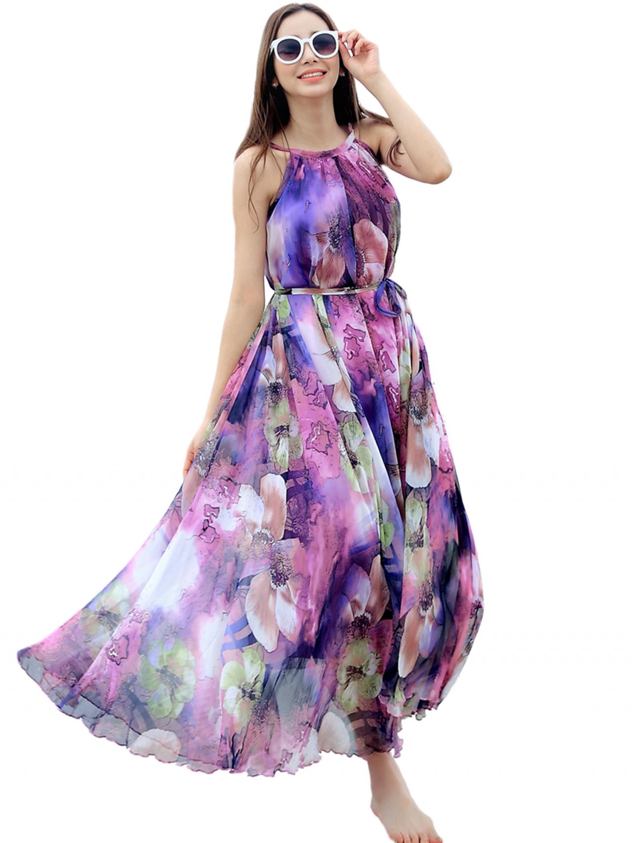 Purple Floral Long Beach Maxi Dress Lightweight Sundress Plus Size Summer Dress Holiday Beach Dress Bridesmaid Dress Long Prom Dress