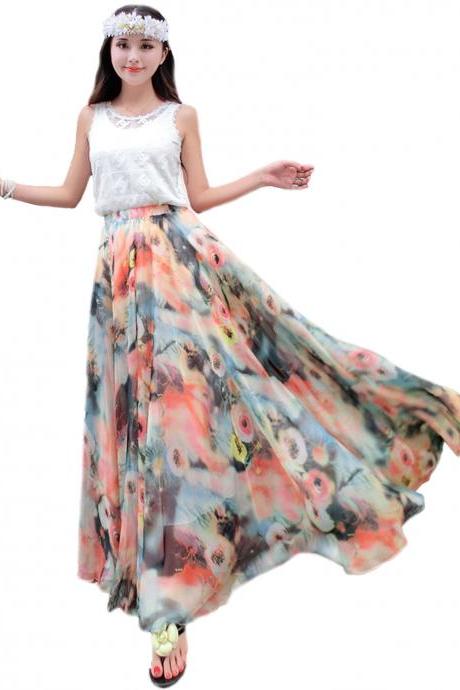Summer Chiffon Floral Lightweight Boho Summer Beach Long Maxi Skirt Bridesmaid Dress