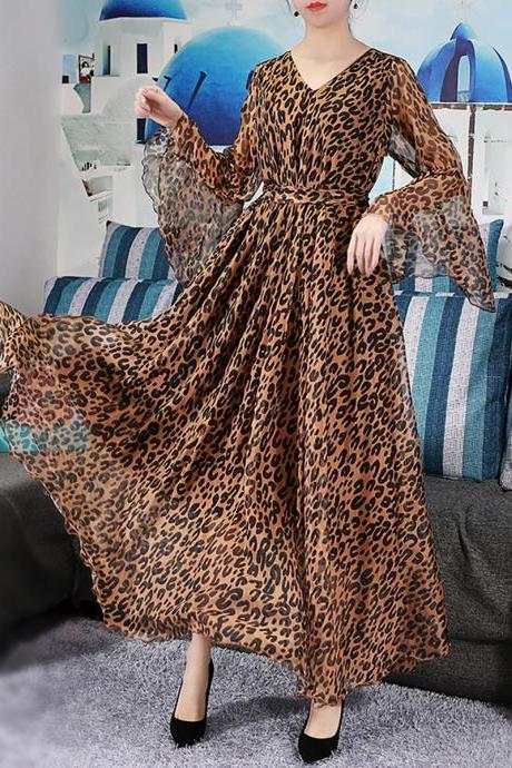 Bell Sleeve Bohemian Leopard Print Chiffon Long Plus Size Summer Wedding Guest Beach Holiday Maxi Dress Bridesmaid Sundress