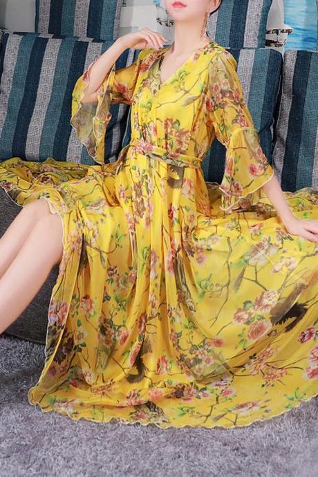 Bohemia Summer Floral Long Beach Maxi Dress Lightweight Flare Sleeve Sundress Plus Size Vacation Hawaii Honeymoon Party Dress