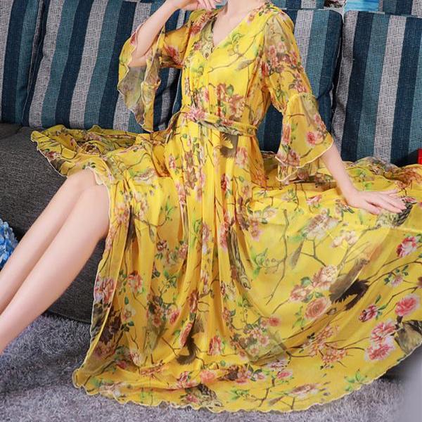 bohemia Summer Floral Long Beach Maxi Dress Lightweight Flare Sleeve Sundress plus size vacation Hawaii honeymoon Party dress