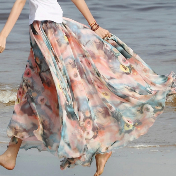 Summer Chiffon Floral Lightweight Boho Summer Beach Long Maxi Skirt ...