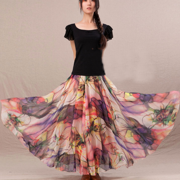 Chiffon Floral Print Lightweight Boho Summer Beach Long Maxi Skirt ...