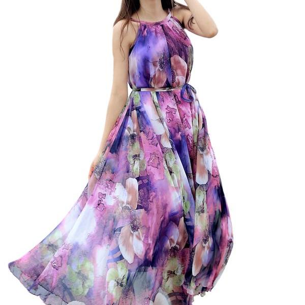 Purple Floral Long Beach Maxi Dress Lightweight Sundress Plus Size ...