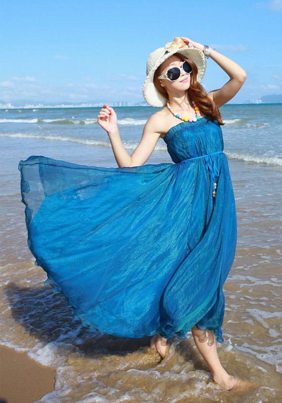 Peacock Blue Long Chiffon Skirt Maxi Skirt Ladies Silk Chiffon Dress ...