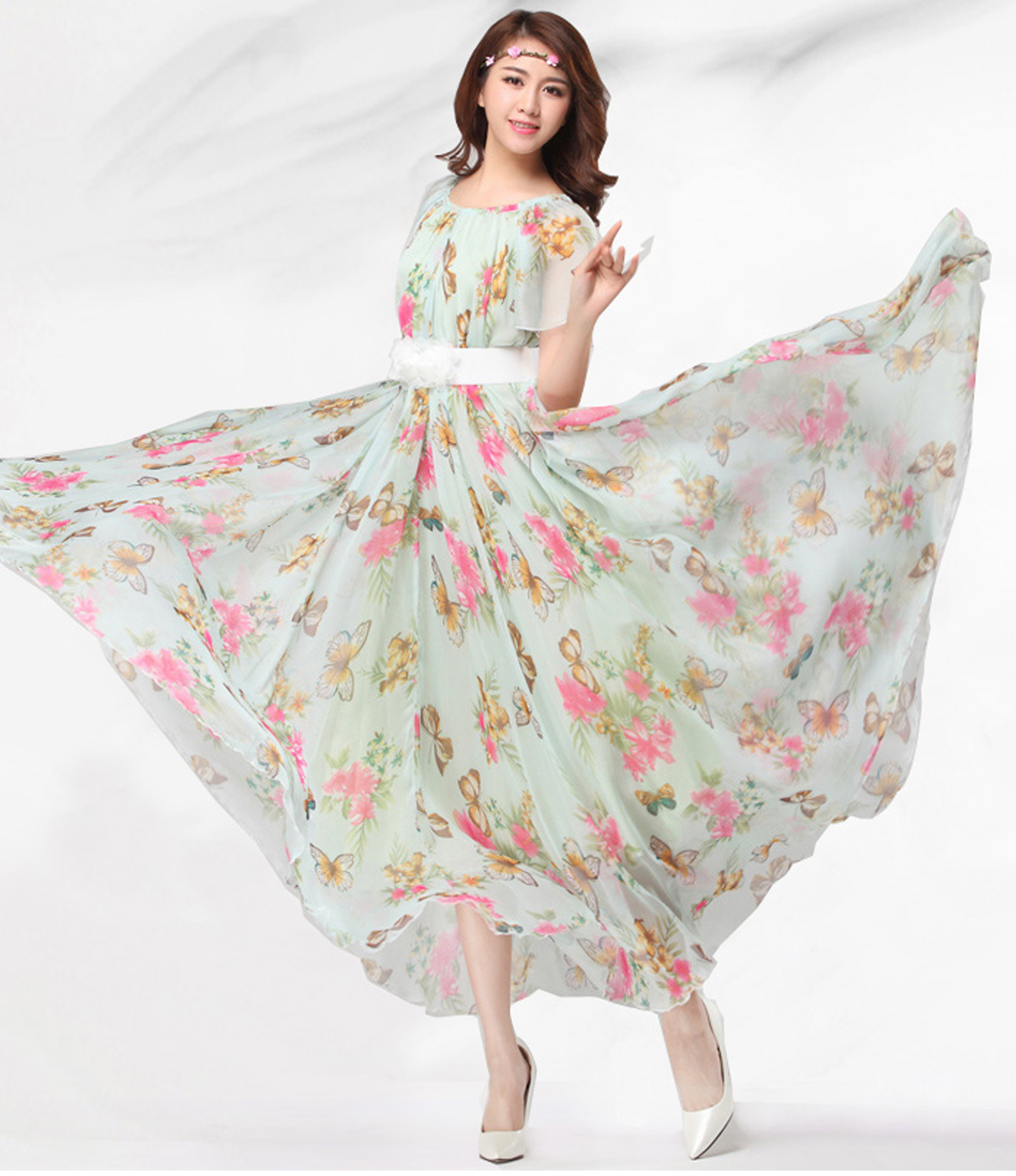 Chiffon Butterfly Sleeves Bridesmaid Holiday Beach Floral Maxi Dress Plus Size Sundress On Luulla