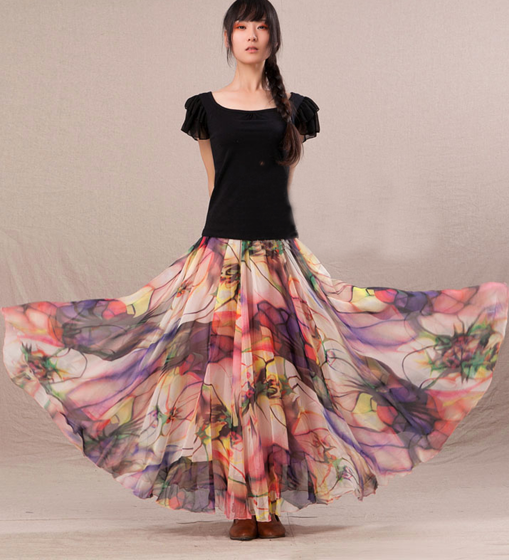 Chiffon Floral Print Lightweight Boho Summer Beach Long Maxi Skirt